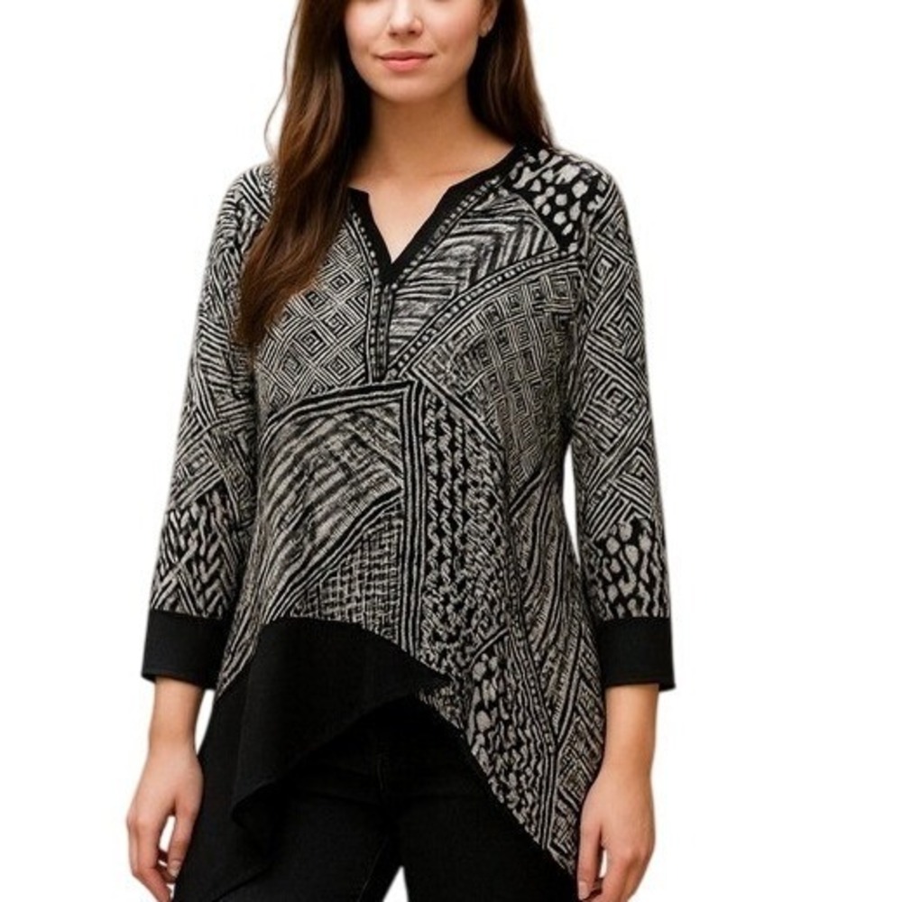 Chico's Asymmetrical Black White Geometric Size 3 Print Long Sleeve Blouse Lq